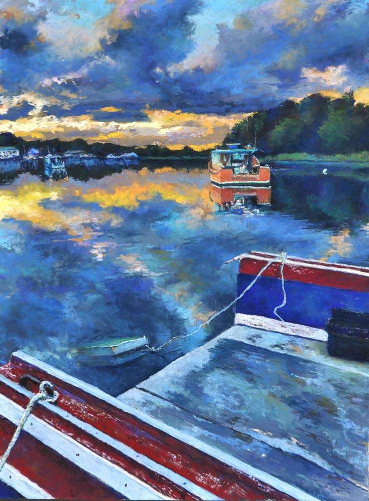Soft pastel painting of a bay in the evening, by Jeff Fioravanti.