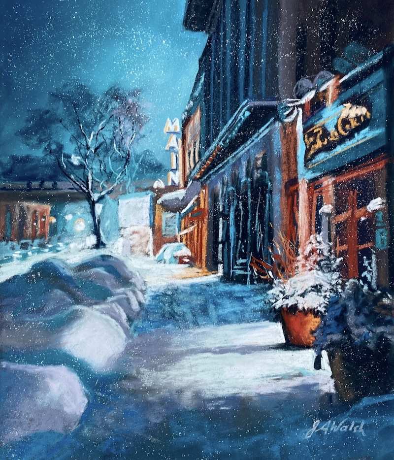 Soft pastel painting of a snowy night time street scene.