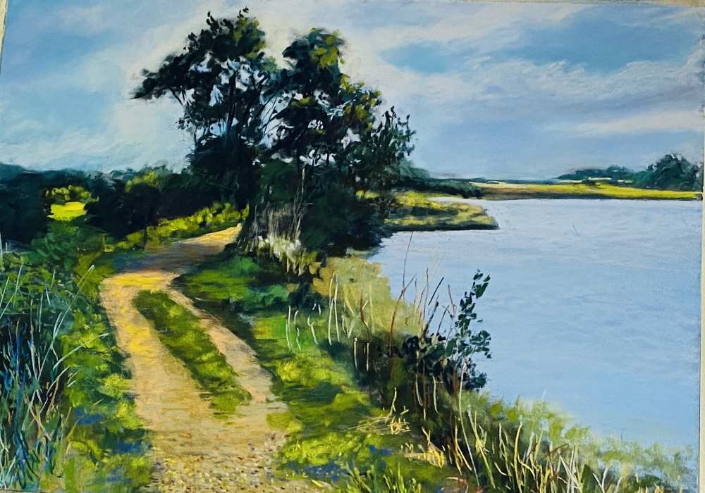 Soft Pastel painting of a river with a trail running along the grassy banks.