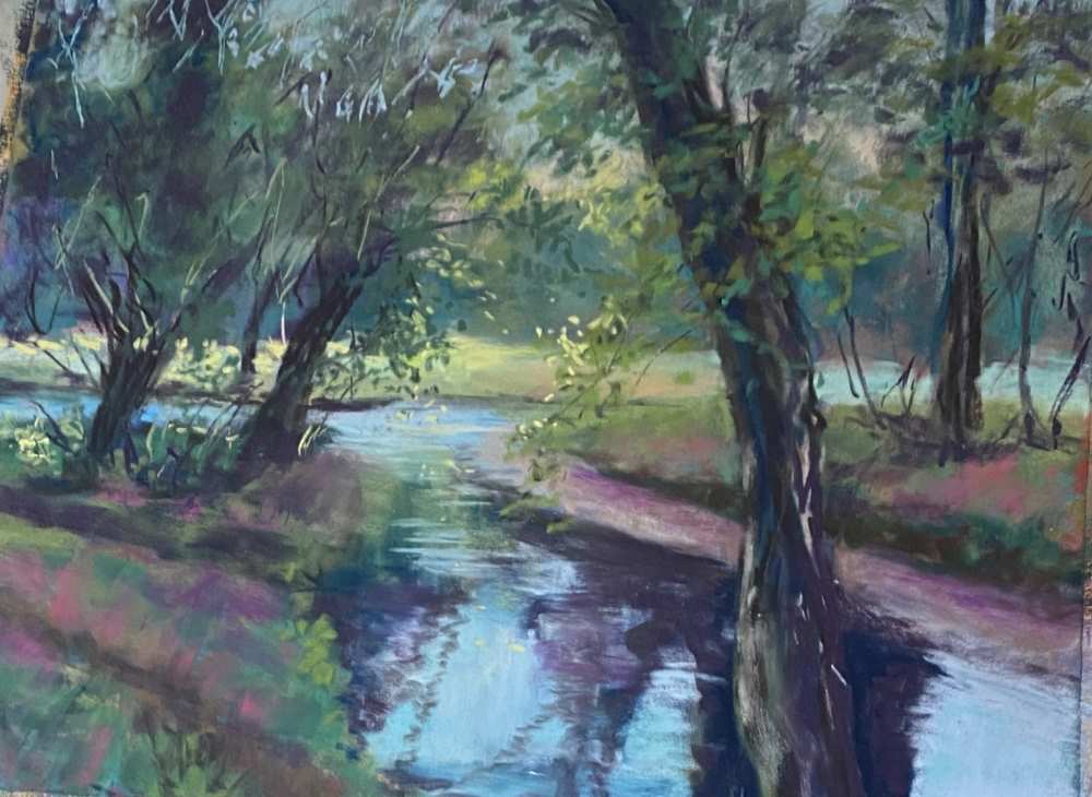 A soft pastel painting of the river photo, at the underpainting stage.