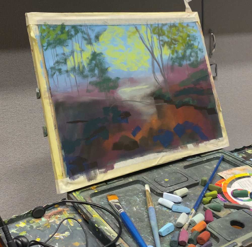 Underpainting of the river soft pastel painting, on an easel.