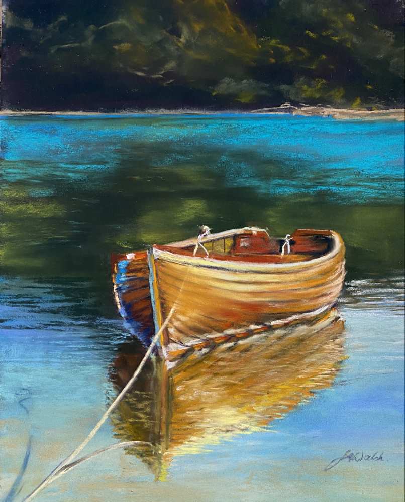 Soft Pastel painting of a moored rowing boat bathed in low sunlight.