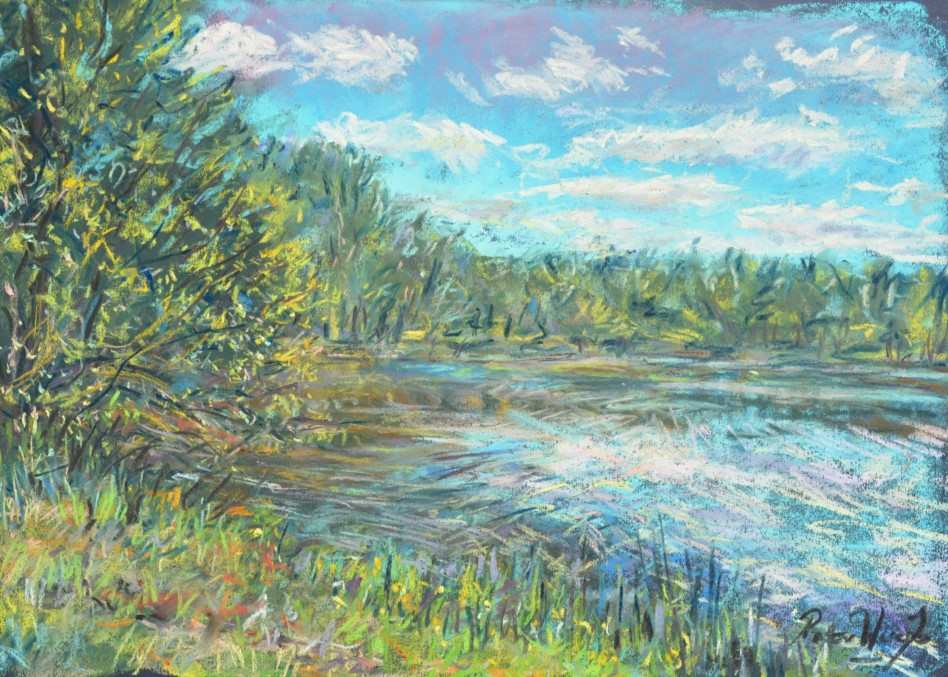 French landscape scene in pastel, by Peter Wood.